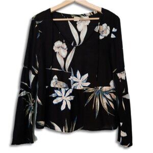 ROXY Heat of Banjar Tropical Palm Print Bell Sleeve Light Blouse Top Sz XS